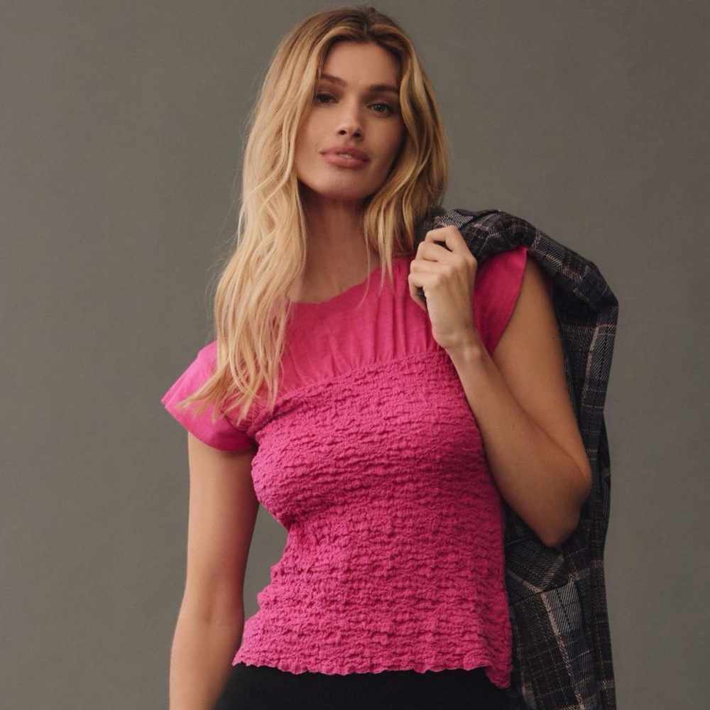 Anthropologie Maeve Pink Smocked Cap Sleeve Top